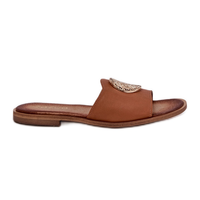 Zazoo 2938 Flat -heeled leather flip flops with Camel decoration brown
