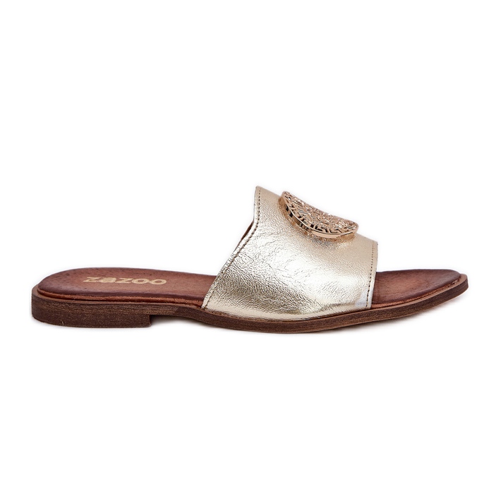 Zazoo 2938 Flat -heeled leather flip flops with golden ornament