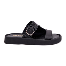 Women's leather flip flops on the Zazoo 3024 black platform
