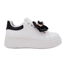 Women's sneakers with a bow and a brooch with a white and white teddy bear