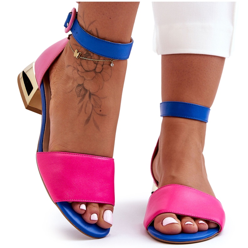 Leather Sandals On Golden Heels Laura Messi 2143 Pink-Blue