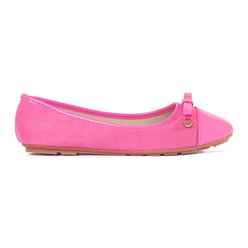 Pink flat women's ballerinas with a bow and varnished toe