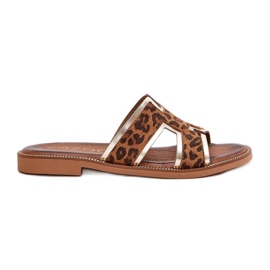Leather flat leopard flip flops Zazoo 40383 brown