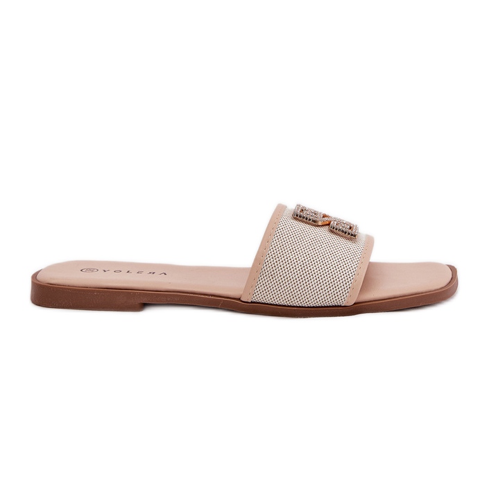 Elegant women's flip flops with flat -heed decoration beige