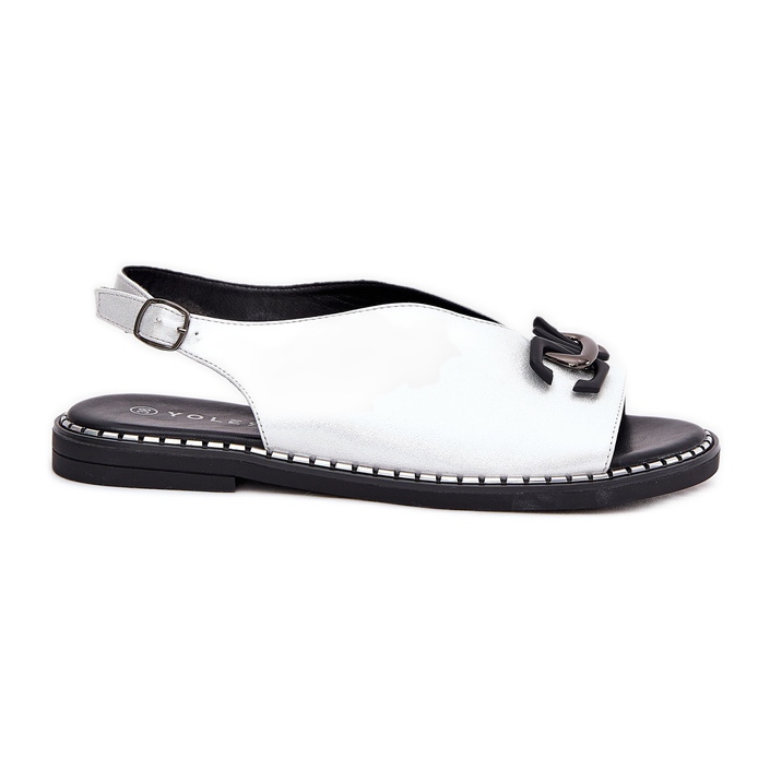 Flat -heeled sandals with an eco ornament silver leather