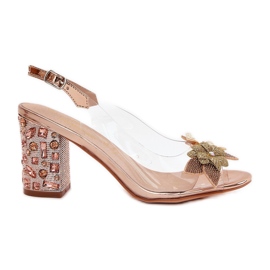 S.Barski Transparent sandals with flowers on the decorated heel MR38-331 pink gold golden
