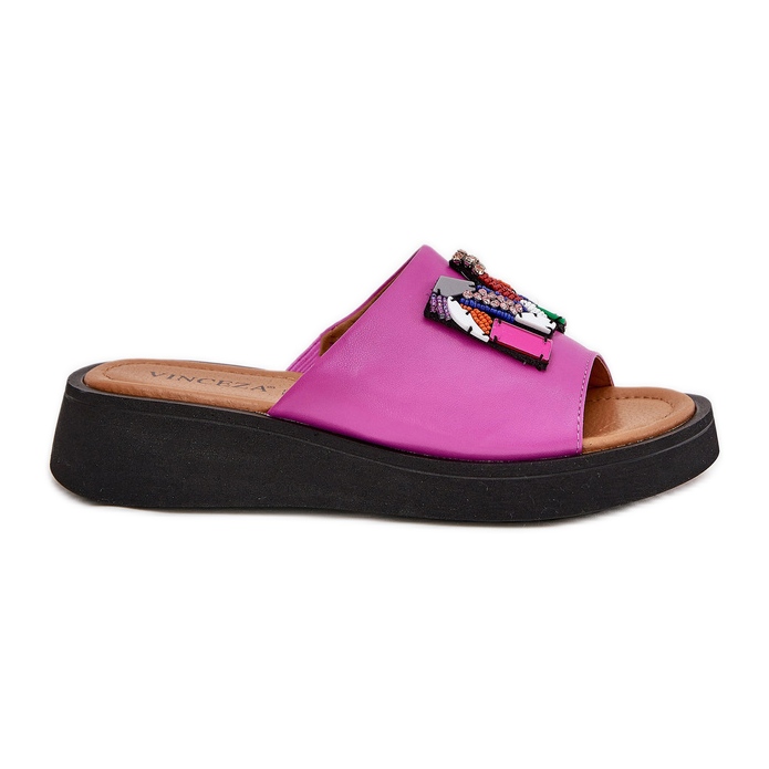 Vinceza Women's leather flip flops with an ornament of fuchsia pink