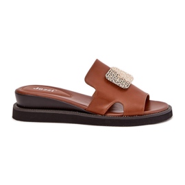 Jezzi Women's flip flops on anchoic leather wedge with decoration brown