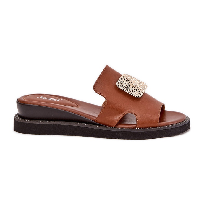 Jezzi Women's flip flops on anchoic leather wedge with decoration brown
