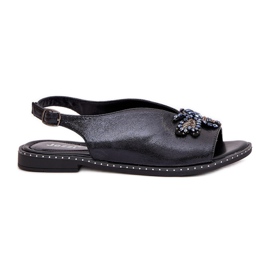 Jezzi Shiny women's sandals with an ornament of flat black Jezzi Shiny women's sandals with an ornament of flat black
