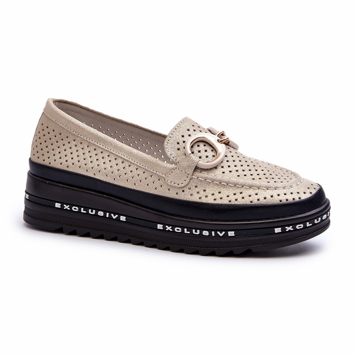 Shiny Leather Women's Moccasins On The Platform With Decoration S.Barski LR750 Gold golden