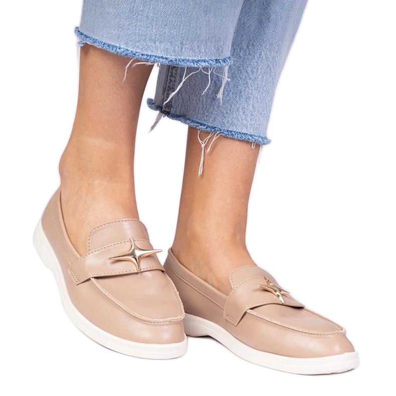 Dark beige women's loafers with a golden decoration