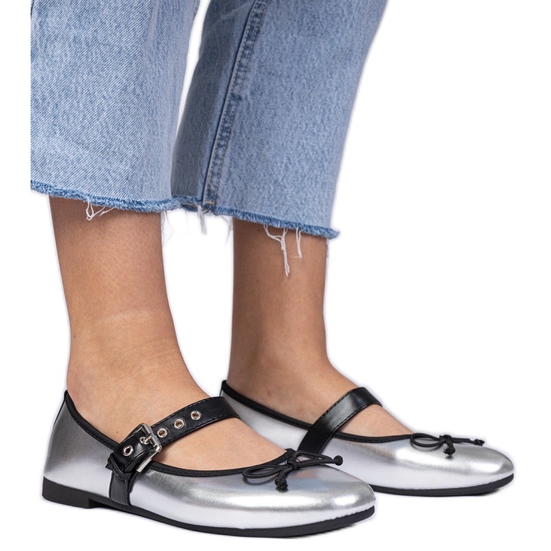 Silver women's ballerinas with a bow