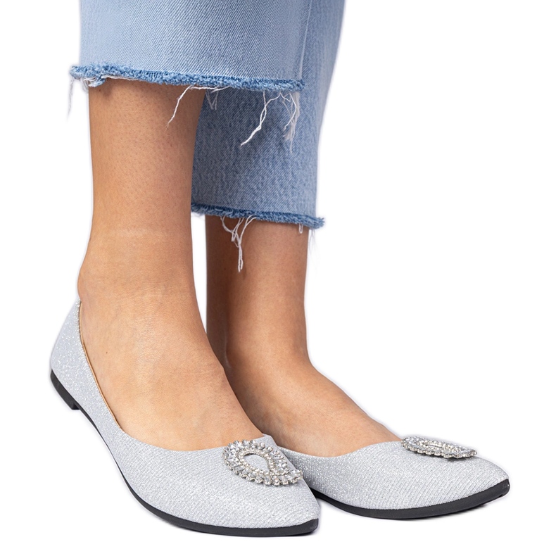 Silver women's glitter ballerinas with zircons