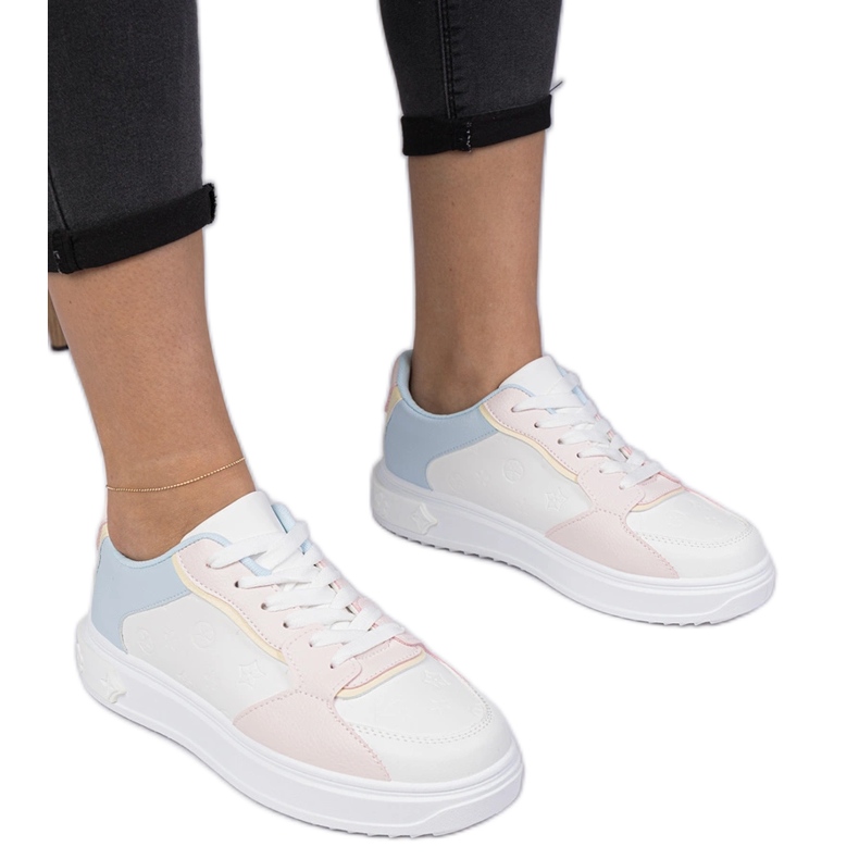 White and pink sports sneakers from eco-leather