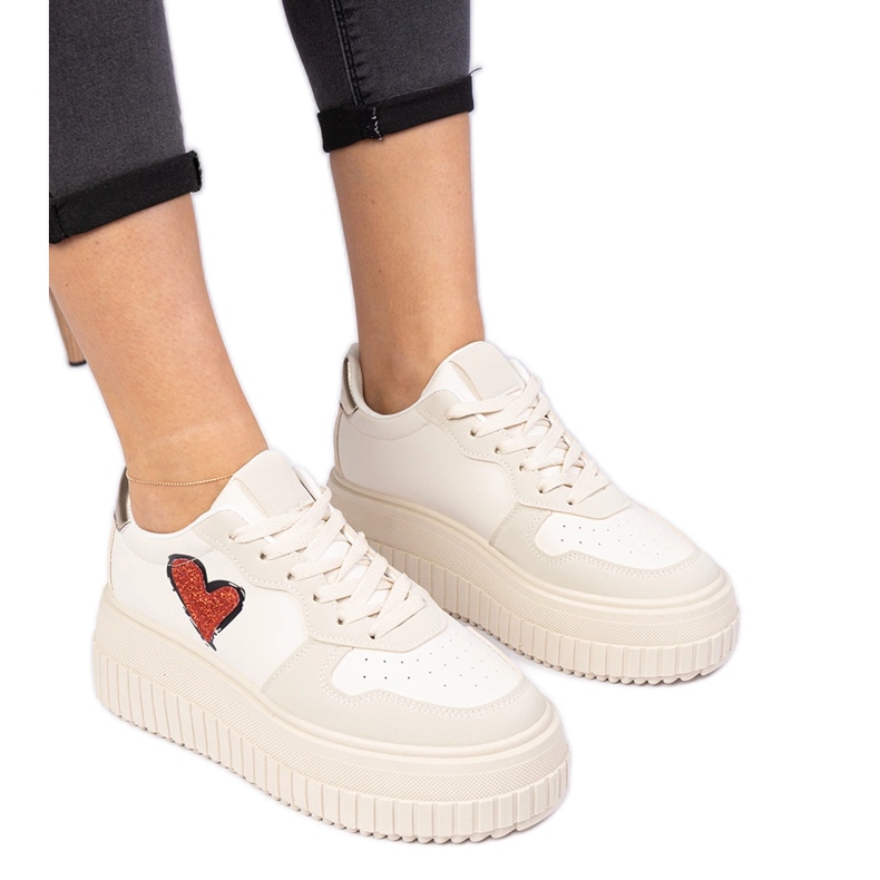Beige women's sneakers with a brocade heart
