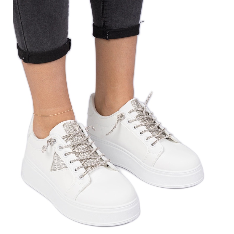 White sneakers sneakers with silver zircons