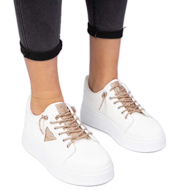 White sneakers sneakers with champagne zircons