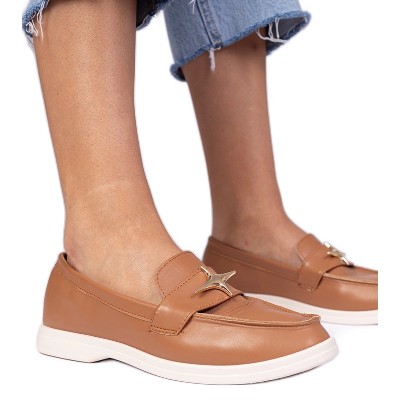Brown women's loafers with a golden decoration