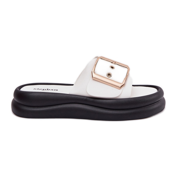 Women's flip flops on a massive platform with a decorative white buckle