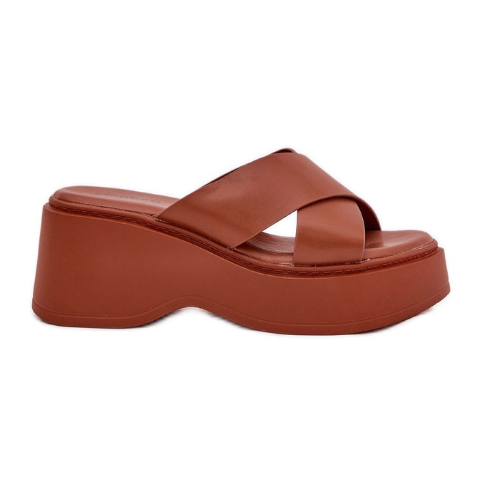 Women's flip flops on the platform and camel wedges brown