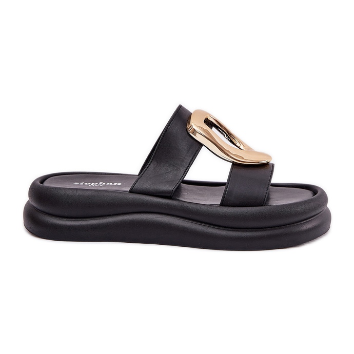 Women's flip flops on the platform with golden detail black