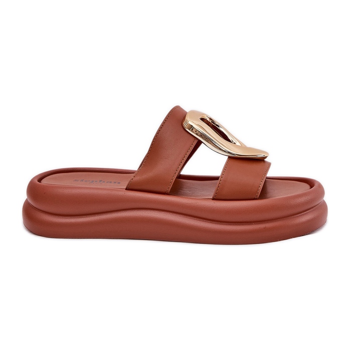 Women's flip flops on the platform with the golden detail Camel brown