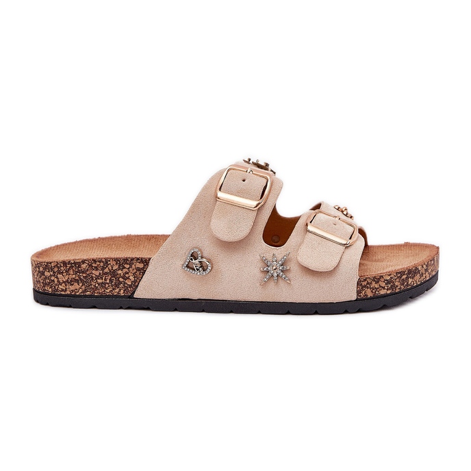 Women's slippers on a cork sole with buckles and pins beige