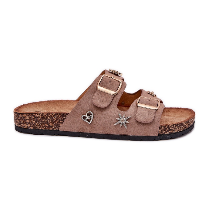 Women's flip flops on a cork sole with khaki buckles and pins beige