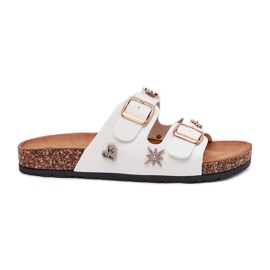 Women's flip flops on a cork sole with buckles and pins white Women's flip flops on a cork sole with buckles and pins white