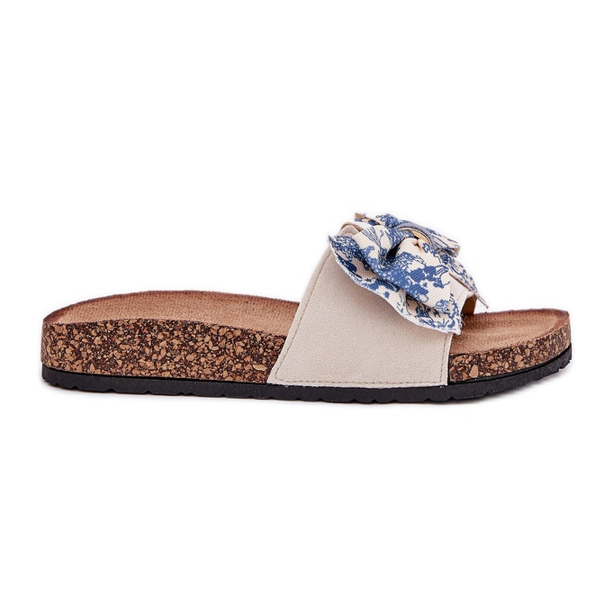 Women's slippers with a bow on the cork platform blue beige