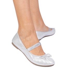 Silver women's ballerinas with a bow on an elastic band