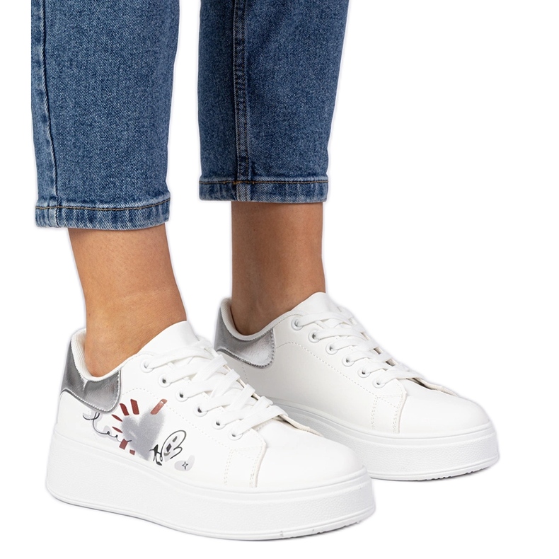 White and silver sneakers women's sports sneakers with print