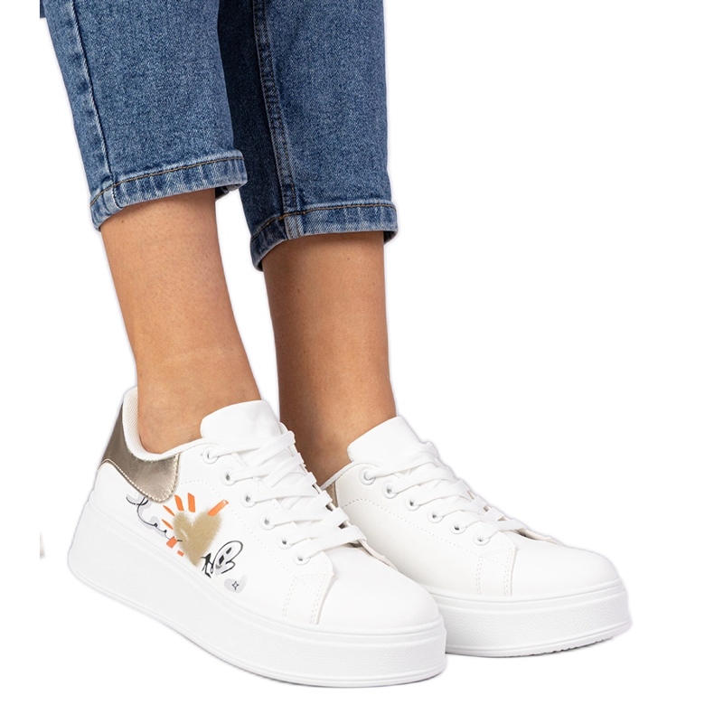 White and gold sneakers women's sports sneakers with print