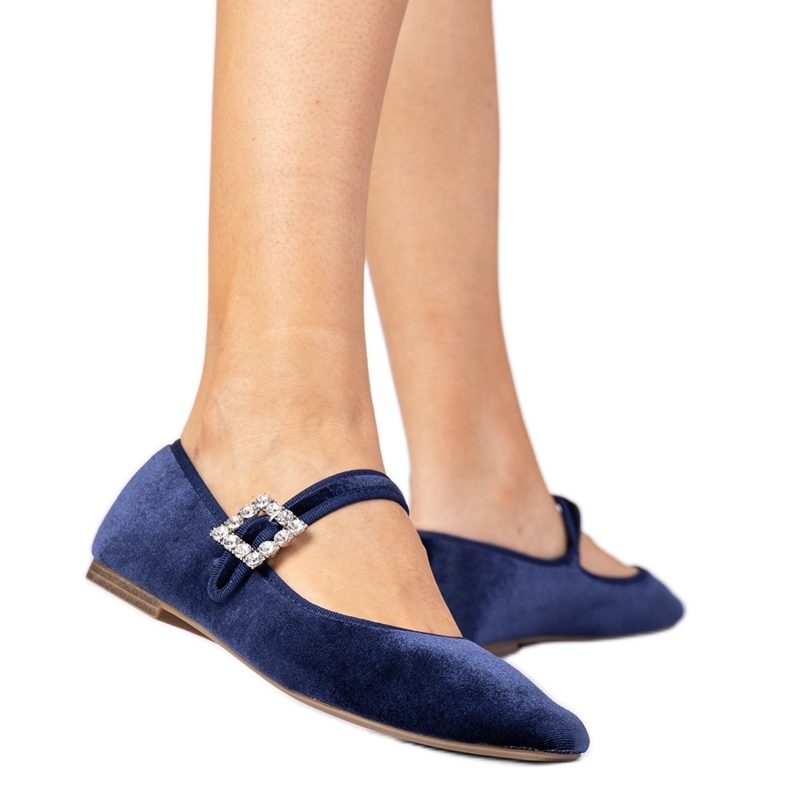 Navy womenal velor ballerinas with a buckle blue