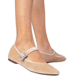 Beige women's velor ballerinas with a buckle
