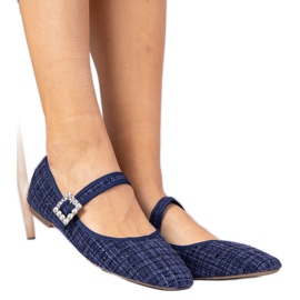 Navy blue women's ballerinas with a buckle and crystaliki