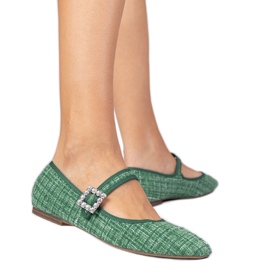 Green women's ballerinas with a buckle and crystals