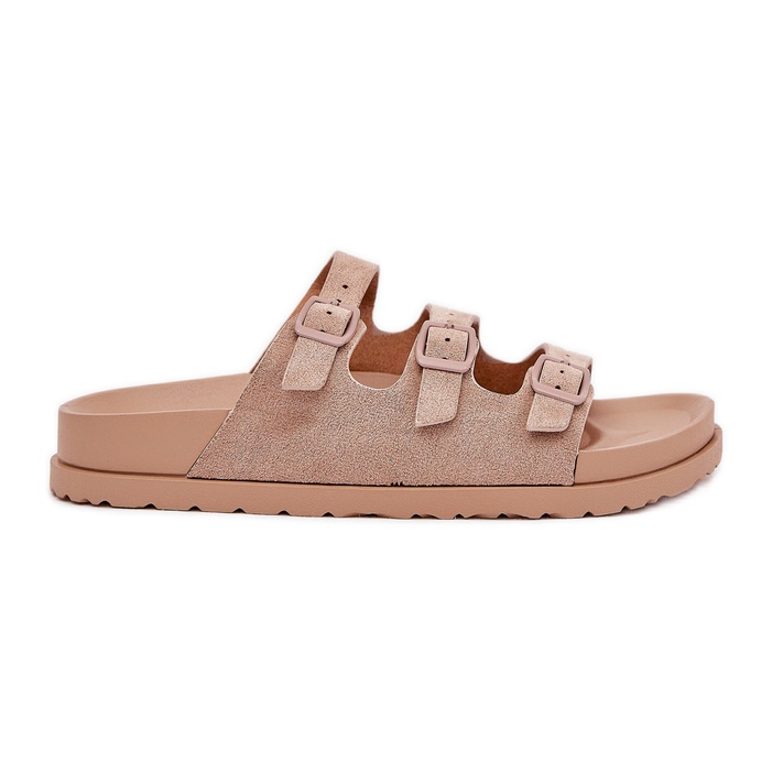Women's slippers with stripes and buckles beige