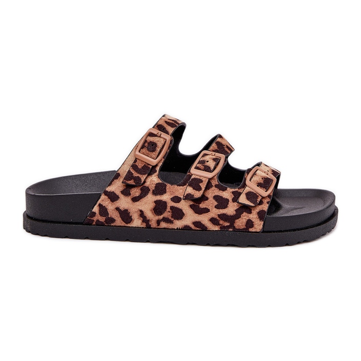 Women's flip flops with stripes and buckle with brown leopard print