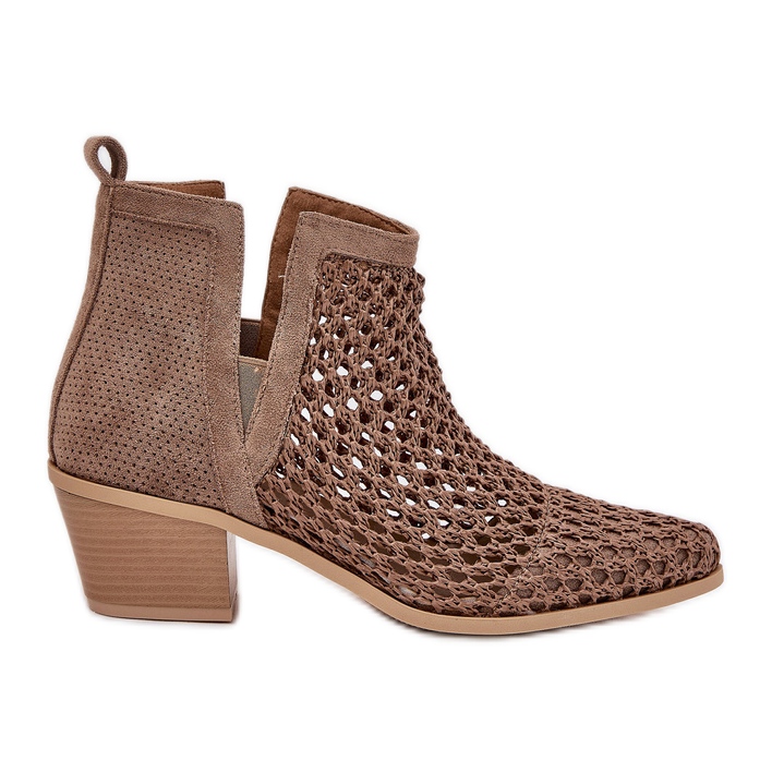 Openwork women's high heels with cutouts and khaki braid beige