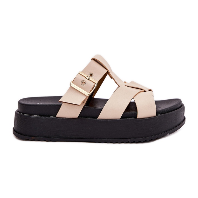 Women's flip flops on the platform with stripes and beige clamp
