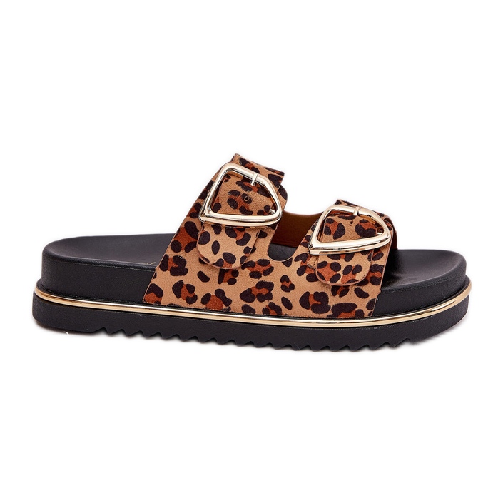 Women's slippers with leopard print on the platform with golden clamps brown