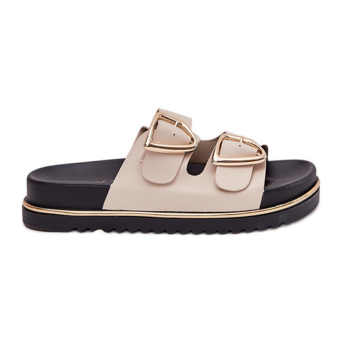Women's flip flops on the platform with golden buckles beige