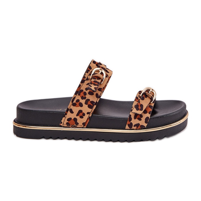 Women's slippers with leopard print on the platform with stripes and clamps brown