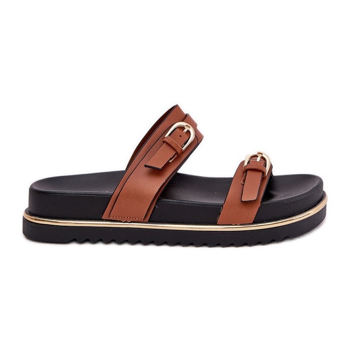 Smooth women's flip flops on the platform with stripes and clamps Camel brown