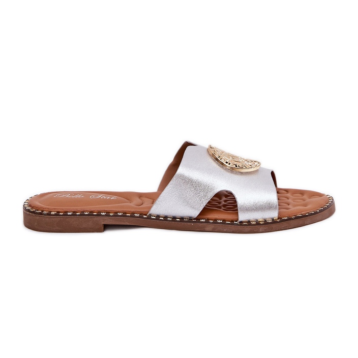 Flat women's flip flops with a decorative silver detail grey