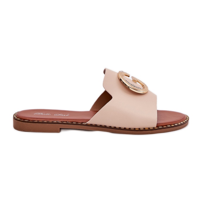 Eco leather flat women's slippers with decorative detail beige