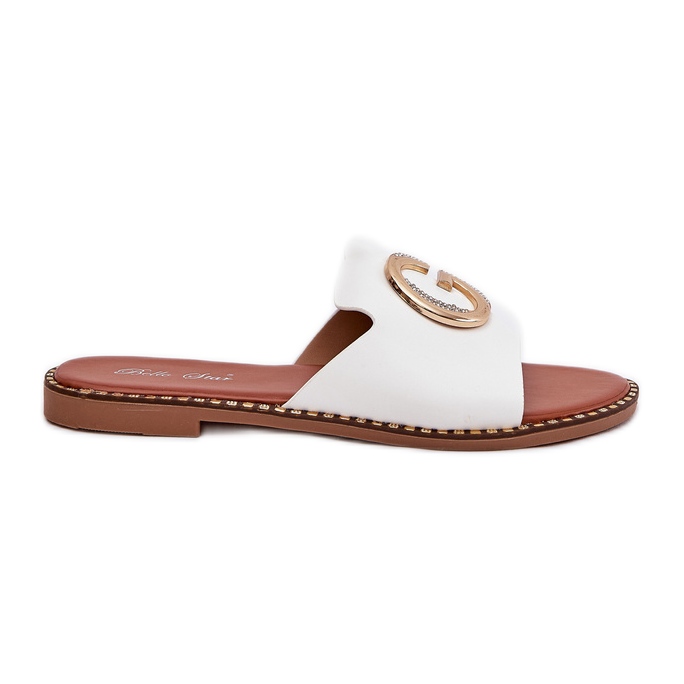 Eco leather flat women's slippers with a decorative white detail Eco leather flat women's slippers with a decorative white detail
