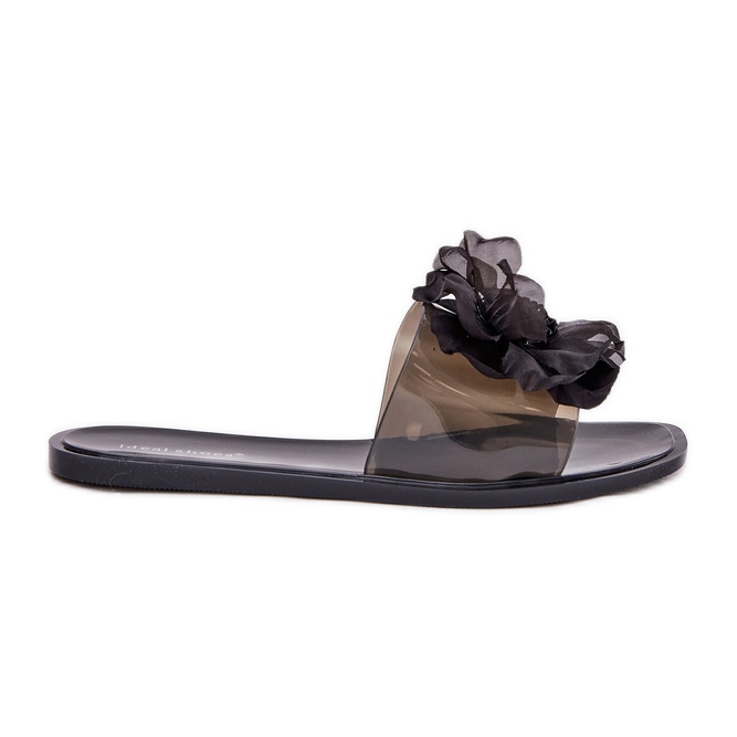 Transparent flat women's flip flops with artificial flower black